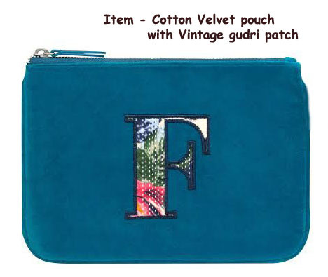 Cotton Velvet Pouch With Vintage Cotton Gudri Patch