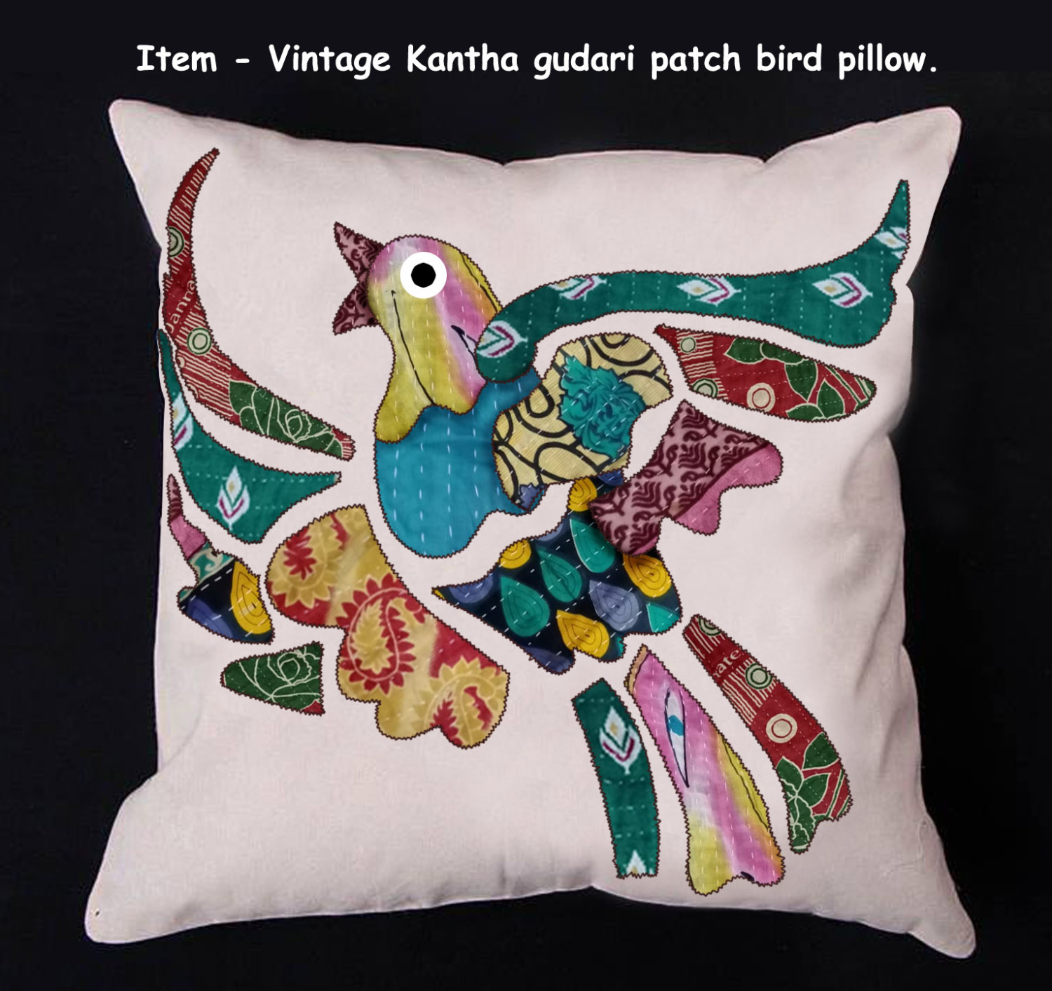 Vintage Cotton Kantha Gudri Patch Bird Cushion Cover