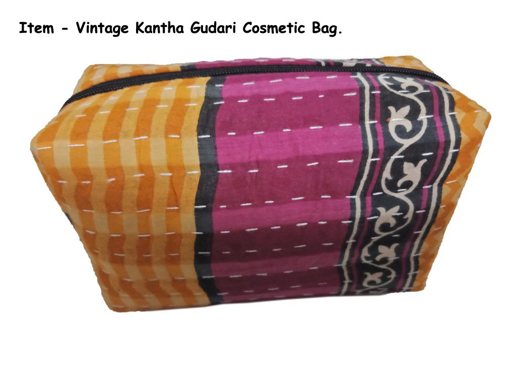 Vintage Cotton Kantha Cosmetic Pouch pink/yellow