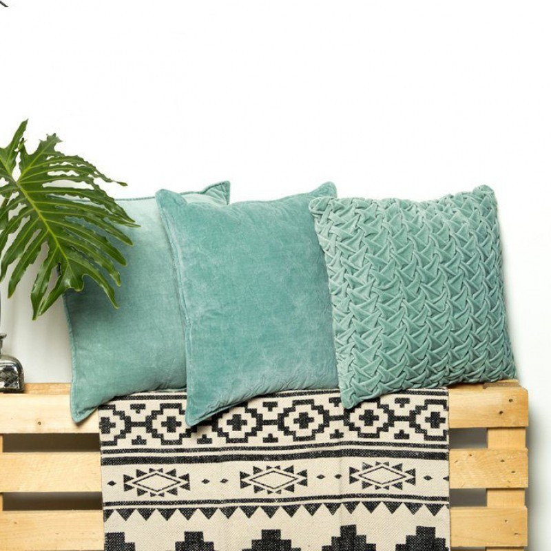 Cotton Velvet Solid Dye Quilted, Plain and Pleated Cushion Cover Teal Color