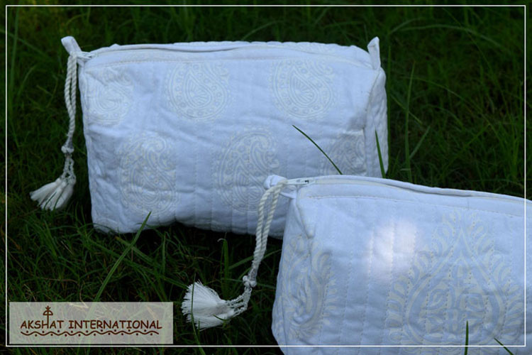 Cotton White Printed Cosmetic Pouch
