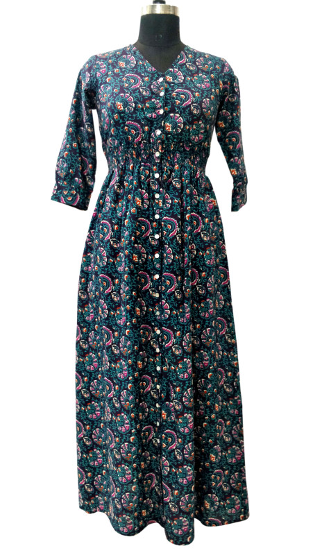 Cotton Printed Front Open Button Dress