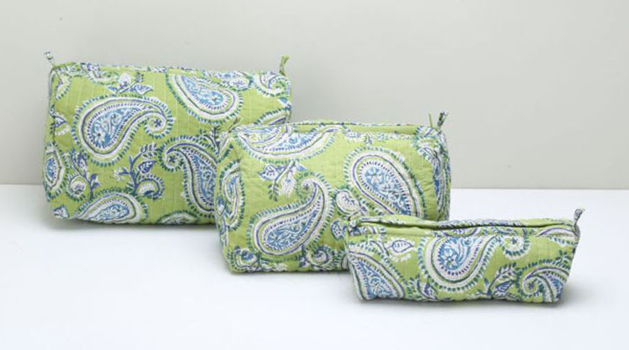 Cotton Printed Hand Block Quilted Pouches Green