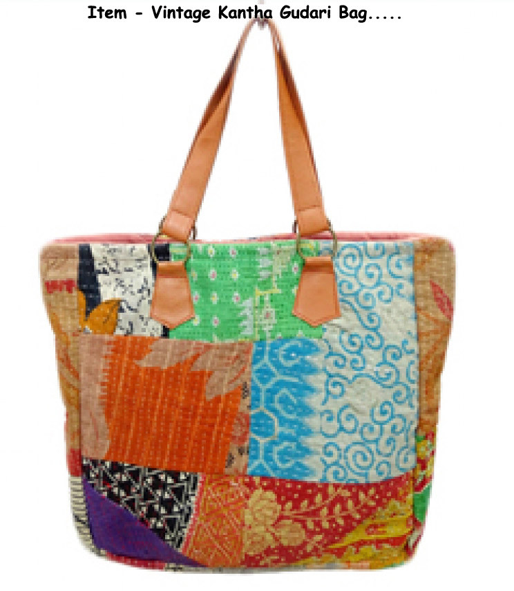 Vintage Cotton Kantha Gudri Shopping Bag Leather handle