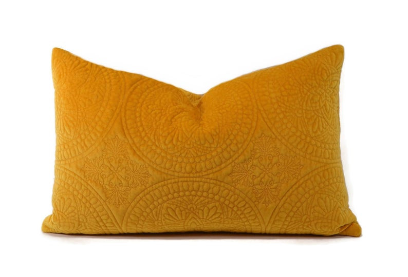 Cotton Velvet Mustard Color Quilted Rectangle Cushion Cover