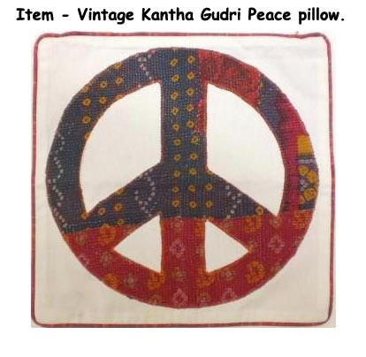 Vintage Cotton Kantha Gudri Patch Peace Sign Cushion Cover White