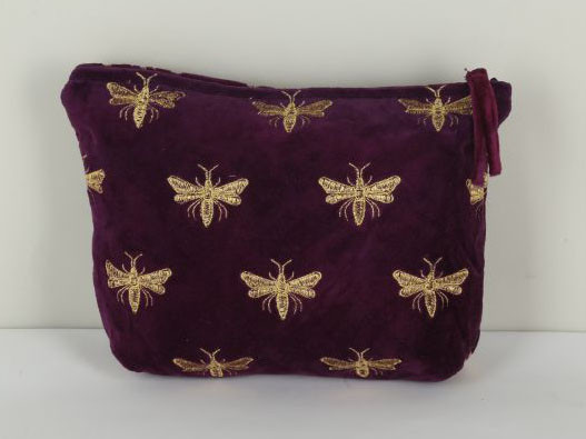 Cotton Velvet Gold Embroidery Pouch Wine Color