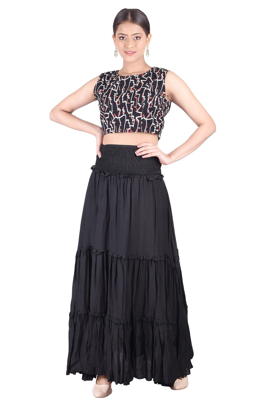 Cotton Silk Black Long Tier Skirt
