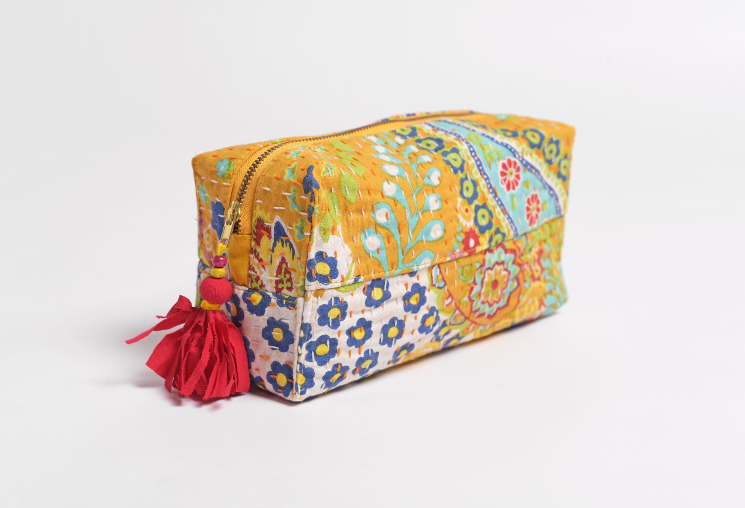 Vintage Cotton Kantha Cosmetic Pouch Yellow