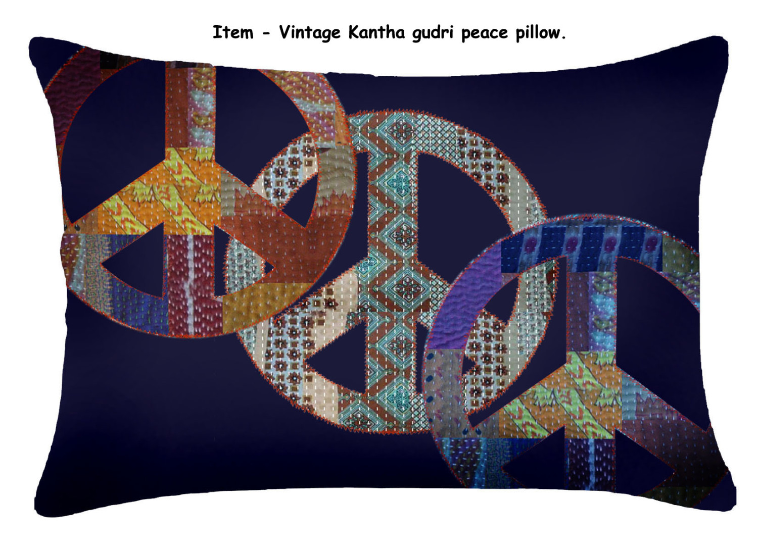 Vintage Cotton Kantha Gudri Patch Peace Sign. Pillow