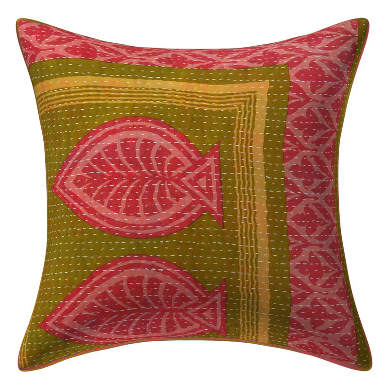 Vintage Cotton Gudri Hand Stitch Kantha Red and Green Cushion Cover