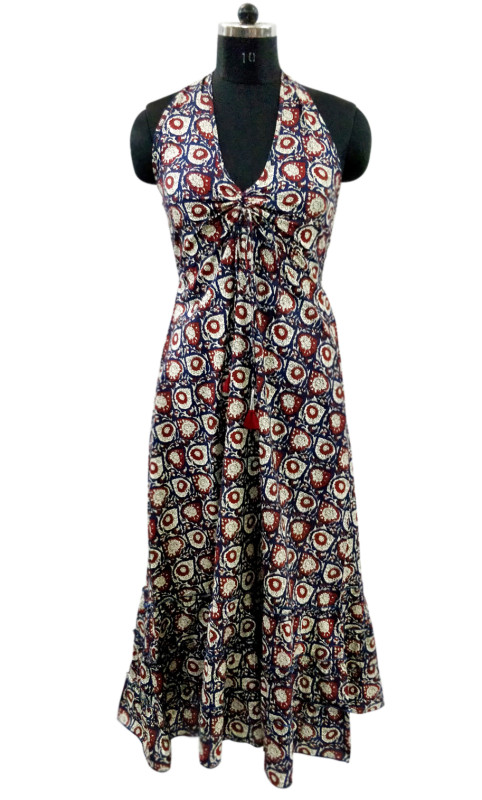 Cotton Printed Drawstring Long Dress