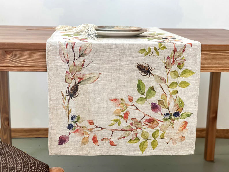 Linen Printed Border Christmas Table Runner