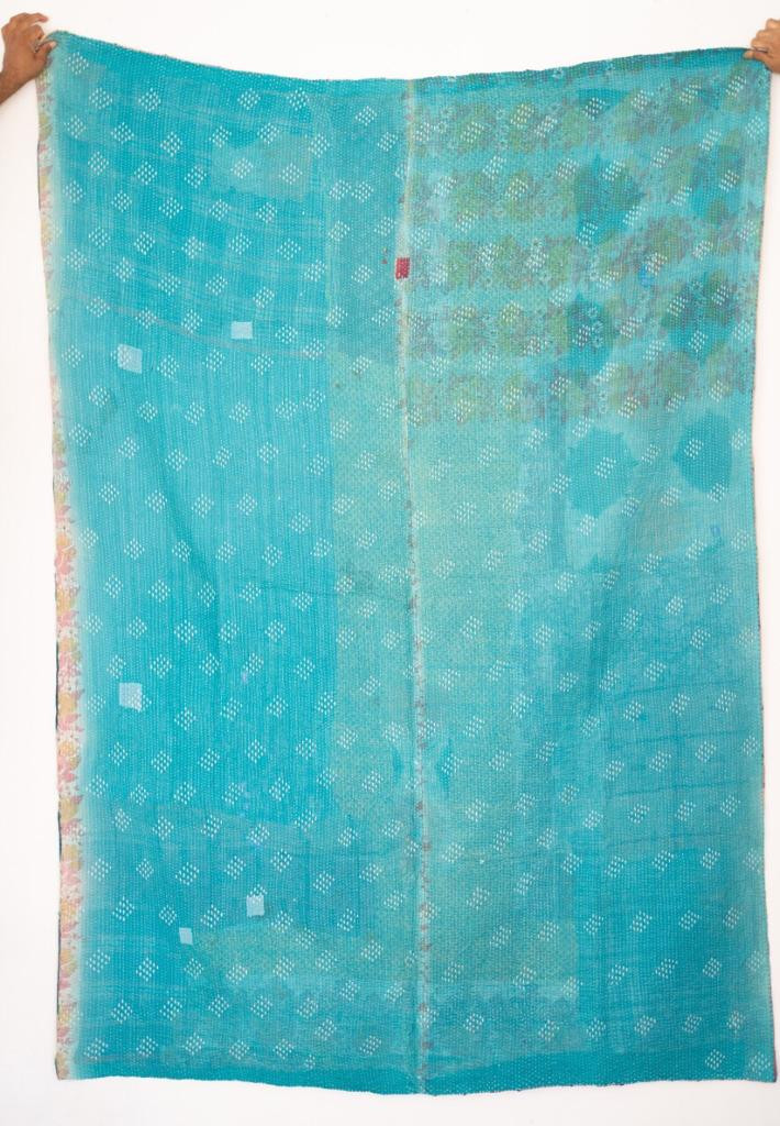 Vintage Cotton Kantha Throw in Light Color - Sky Blue