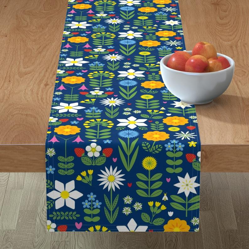 Cotton Satin Blue Printed Table Runner