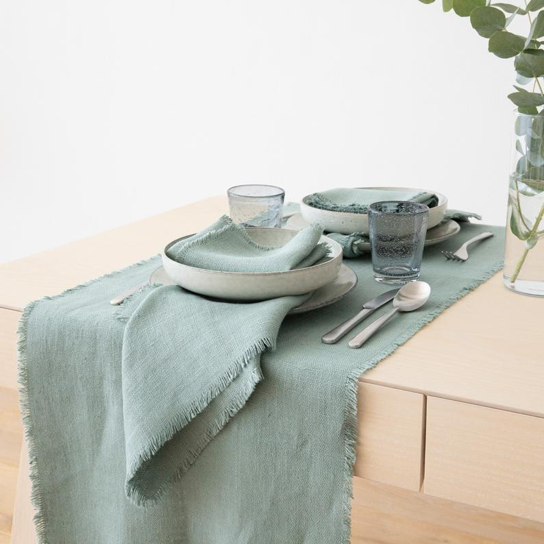 Linen Solid Dye Frindges Table Runner, Table Mat, Table Napkin