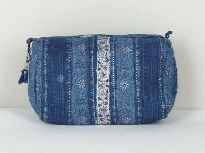 Cotton Printed Hand Block With Silver Booti Pouch Blue