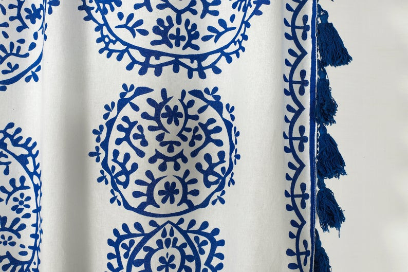 Cotton Voil Blue Printed Curtain With Tassels