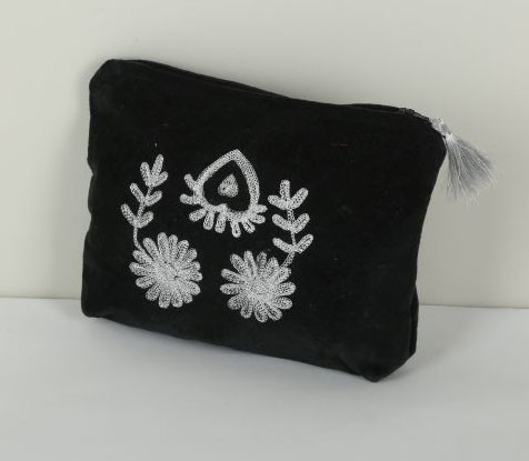 Cotton Velvet Silver Embroidery Pouch Black