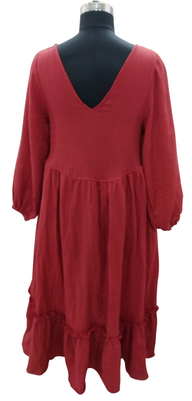 Cotton Soft Double Fabric Full Sleeve Dress Red
