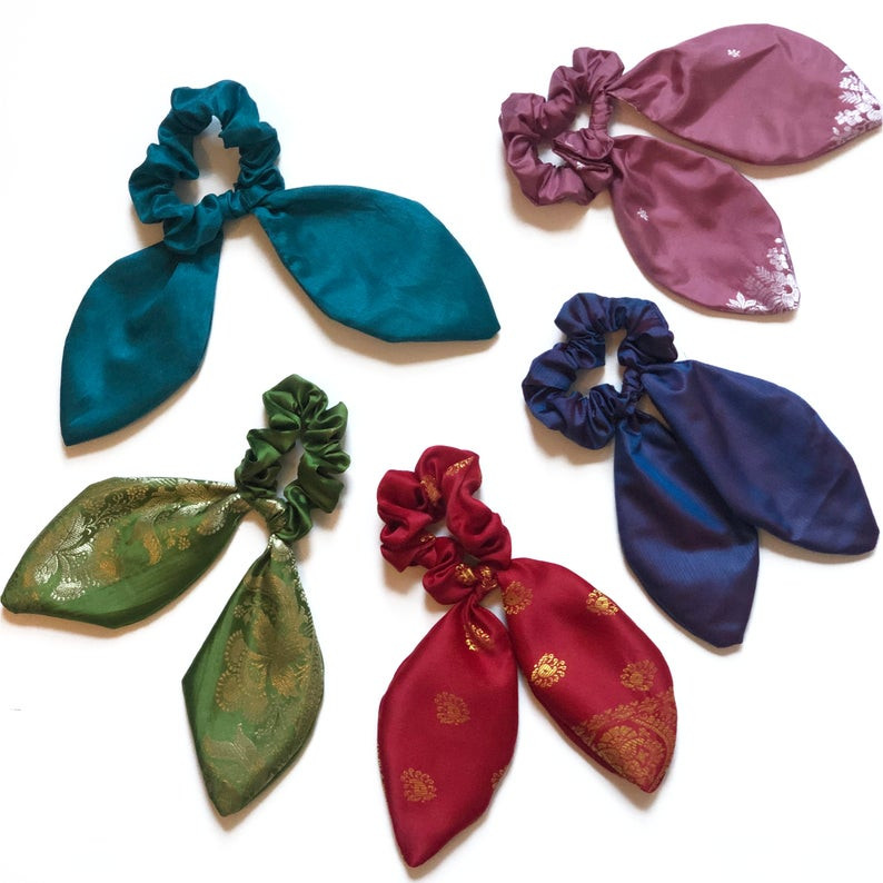 Vintage Sari Printed Hair Scarf Scrunchies, Hair Ties