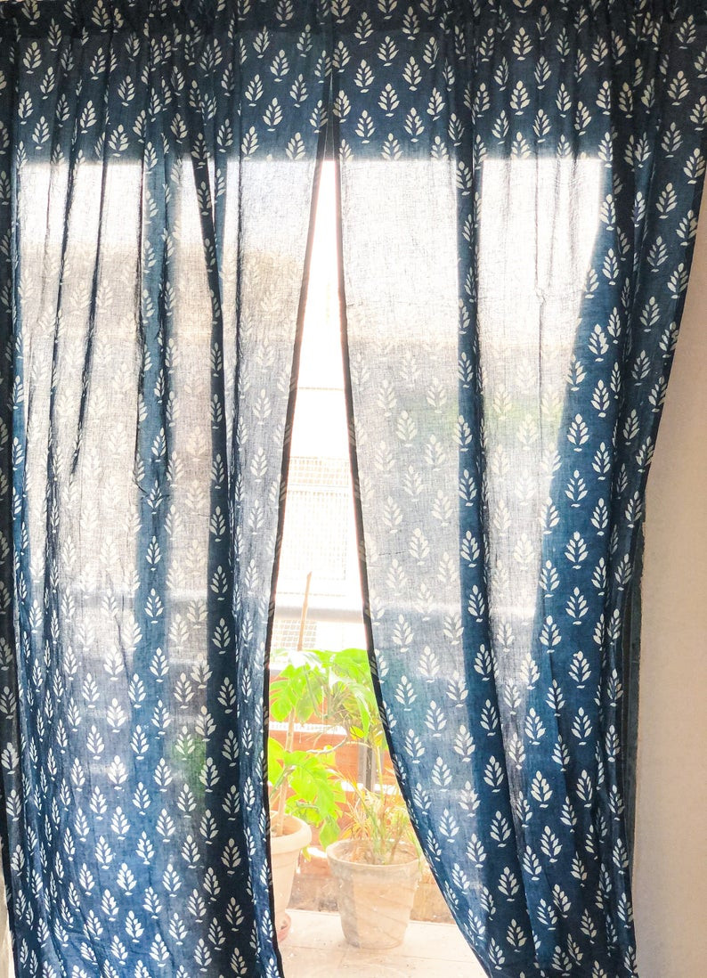 Cotton Hand Block Print Indian Booti Indigo color curtain