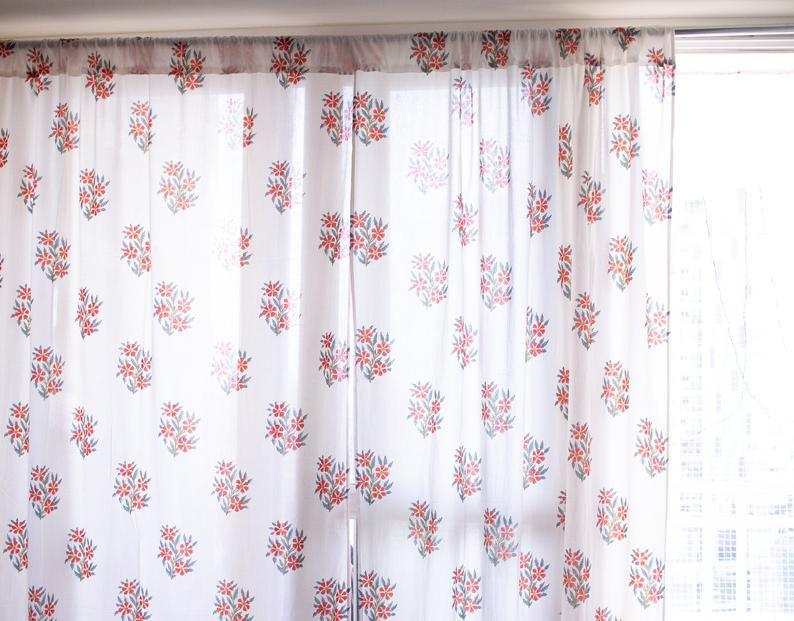 Cotton Voil Block Printed Red Booti Curtain